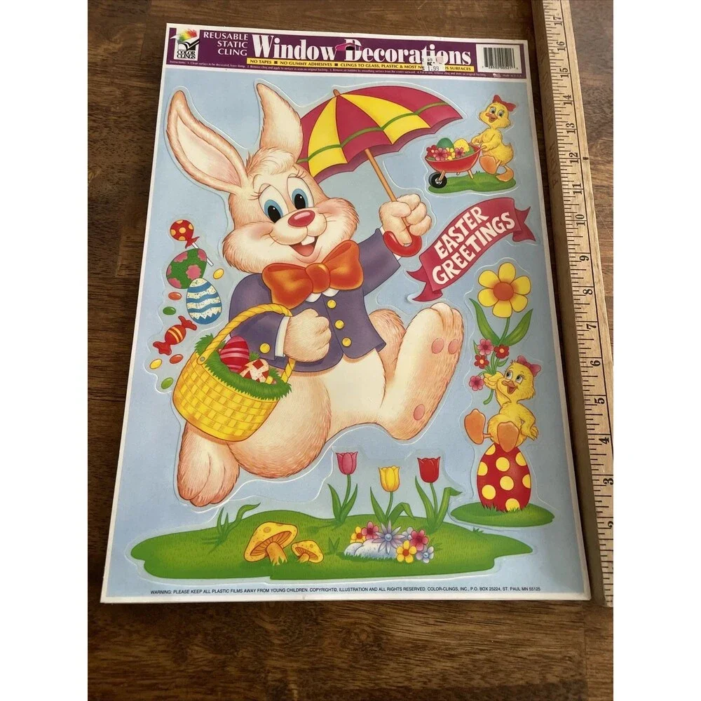 6 Easter Sprint Vinyl Window Clings Bunny Chipmunk Flowers Chick Egg Basket